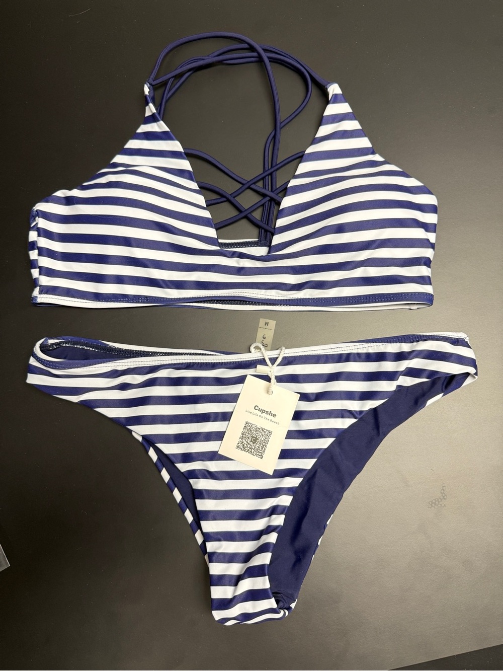 Cupshe Blue & White Striped Crisscross Halter Bikini